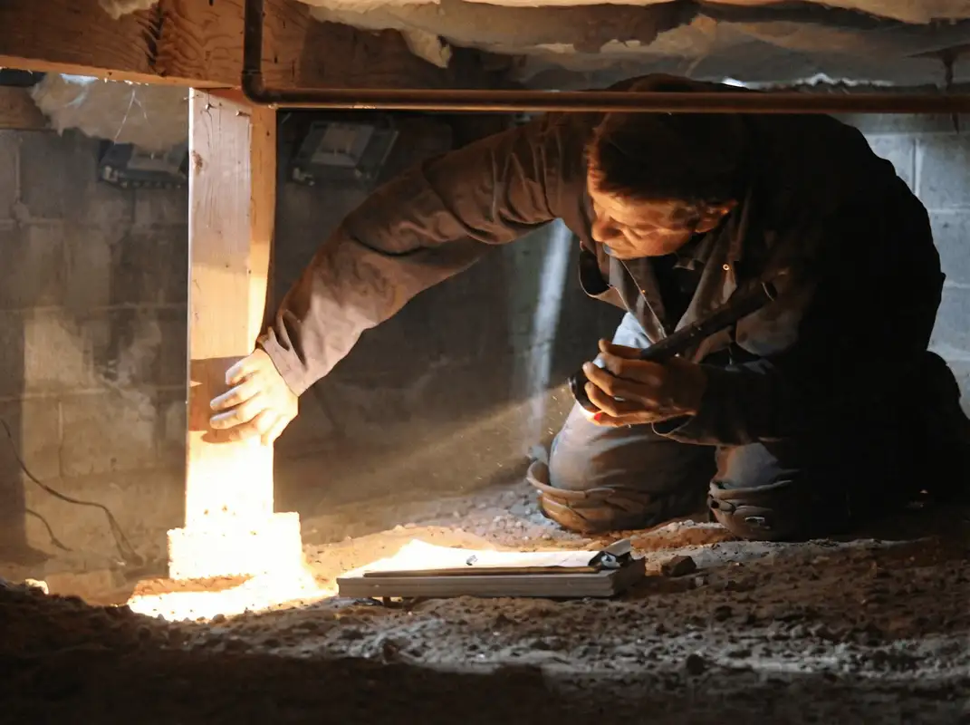 A professional inspecting wooden beams under the floor of a structure in Albuquerque, NM